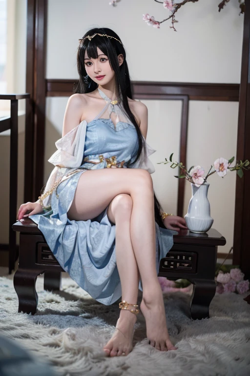 guqinghan, jrys,
high heels,bare shoulders, see-through, jewelry,strapless, collarbone, bracelet, off shoulder,earrings, bow,cleavage, tube dress, strapless dress (best quality, masterpiece:1.2), tianfeng1, Extremely detailed, (Practical:1.37), beautiful, youth, Glamorous model, Warm colors, ((A full body perspective,Naturally bent knees,Skin is firm and smooth)), ((In the old-fashioned room,Sitting on a low bed,Lean back,Support your body with your elbows)), ((Elegant and natural posture)), (big eyes, Delicate eyes, Delicate lips, Delicate eyes), Available in white with floral pattern, Show a bright smile, fit, Full breasts, ((Big breasts)), Long legs, Create a stunning picture of a girl enjoying her sleep