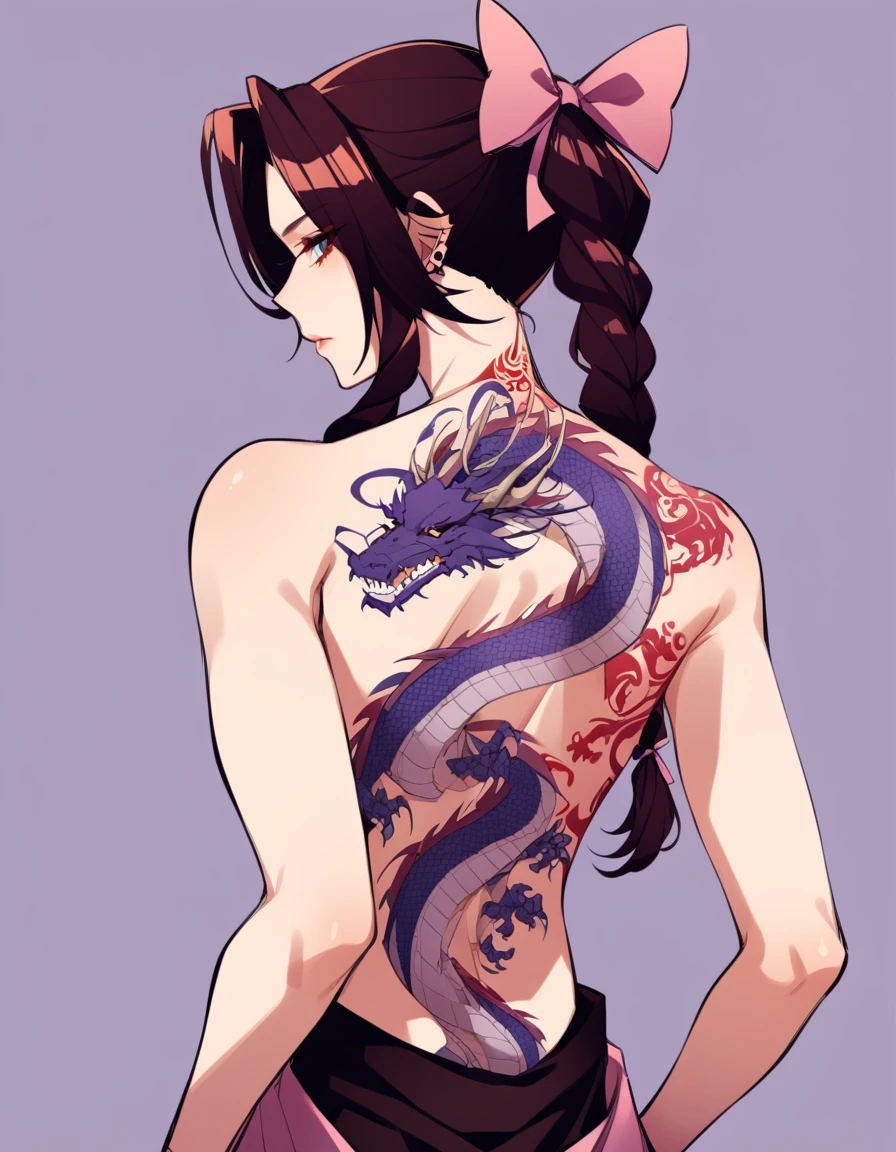 late, 1girl, dragon tattoo, back tattoo, <lora:lora-000006:0.8>, defaerith, braided ponytail, hair bow, pink bow, <lora:aerith-xl-nvwls-v1:0.8>