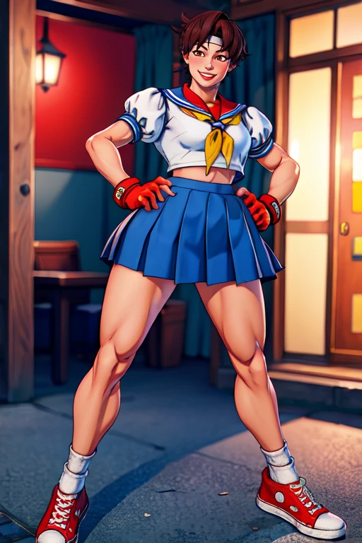 masterpiece,best quality,extreme detail,8k,<lora:sakura:0.8>,sakura2,1girl,solo,smile,short hair,skirt,brown hair,gloves,brown eyes,school uniform,standing,full body,short sleeves,pleated skirt,shoes,serafuku,socks,fingerless gloves,sailor collar,lips,blue skirt,crop top,neckerchief,hand on hip,blurry background,headband,blue sailor collar,sneakers,red gloves,