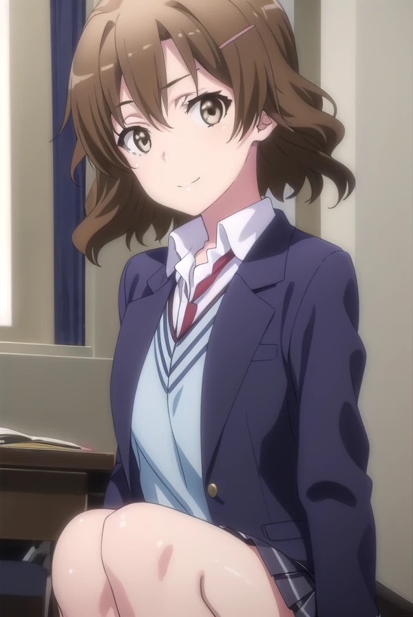 kaoriorimoto, <lora:kaori orimoto s2s3-lora-nochekaiser:1>,
kaori orimoto, short hair, brown hair, hair ornament, (brown eyes:1.5), hairclip, smile,
BREAK skirt, ribbon, school uniform, jacket, black jacket, plaid, plaid skirt, blazer, sobu high school uniform,
BREAK indoors, classroom,
BREAK looking at viewer,
BREAK <lyco:GoodHands-beta2:1>, (masterpiece:1.2), best quality, high resolution, unity 8k wallpaper, (illustration:0.8), (beautiful detailed eyes:1.6), extremely detailed face, perfect lighting, extremely detailed CG, (perfect hands, perfect anatomy),