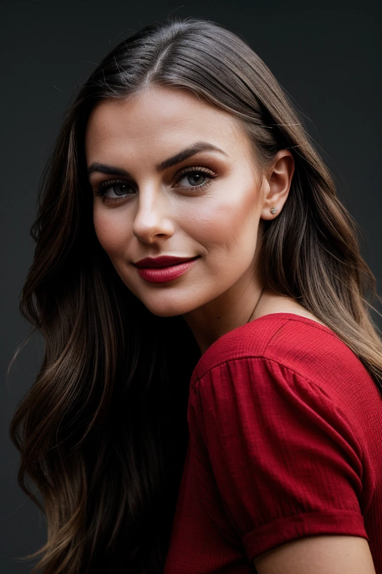 photo of (lw0nt0rra-134:0.99), a beautiful woman, perfect hair, (smiling look), (modern photo, Linen graphic tee), 24mm, (analog, cinematic, film grain:1.3), ((plain Ruby Red background:1.2)), detailed eyes, (epicPhoto), (seductive pose), (looking at viewer), jewelry, (cinematic shot:1.3), PA7_Portrait-MCU