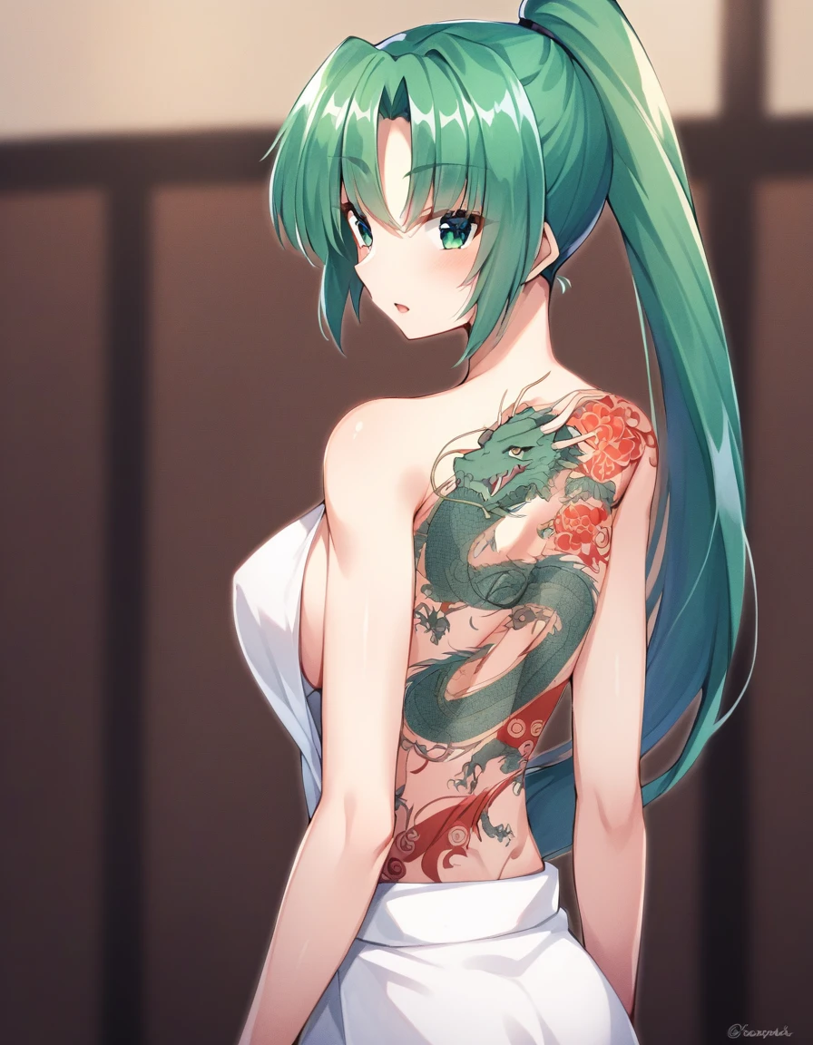 late,  1girl,  dragon tattoo, back tattoo,  <lora:lora-000006:1>,  Mion Sonozaki, green hair, green eyes, ponytail, <lora:MionXL:1> , dojo background