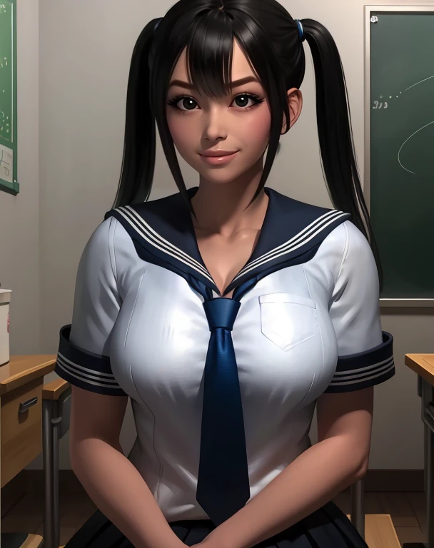 Chidori,black hair,black eyes,high twin tails bangs,
school uniform,blue necktie,
upper body,smile,sitting,
dormroom,
(insanely detailed, masterpiece, best quality),solo,<lora:ChidoriToda:0.8>,