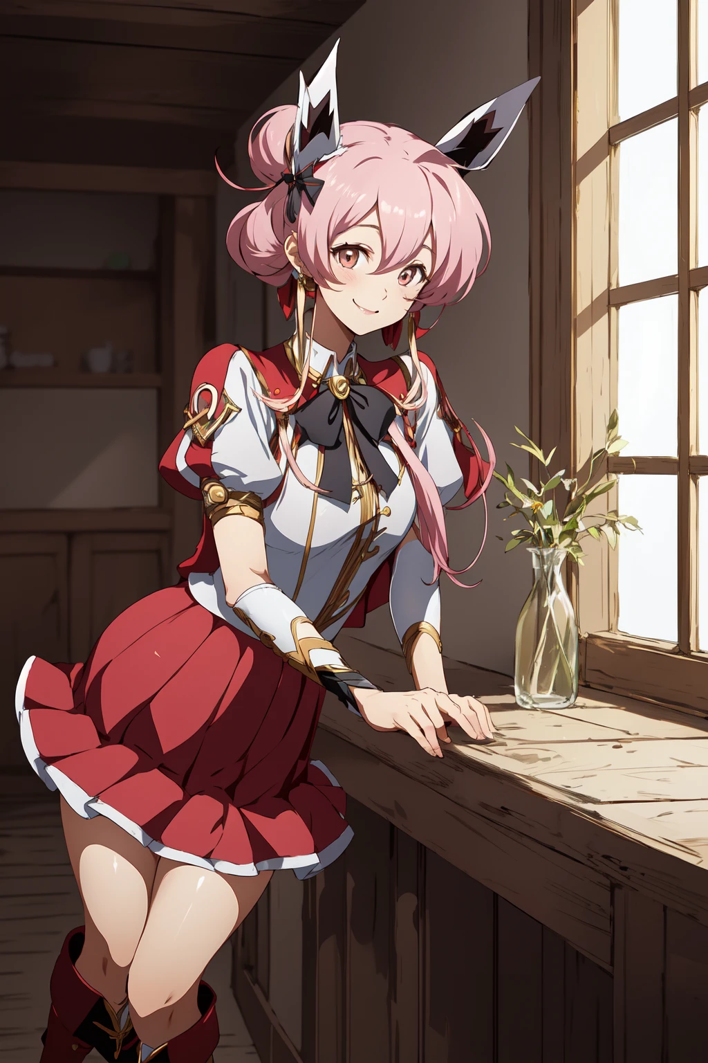 (RAW photo, best quality), 1girl, natural lighting, indoor,, <lora:langrisser_mobile_almeda_v1_2-000005:1>, almeda_langrisser_mobile, smile, hair ornament, knee boots, miniskirt, red skirt,