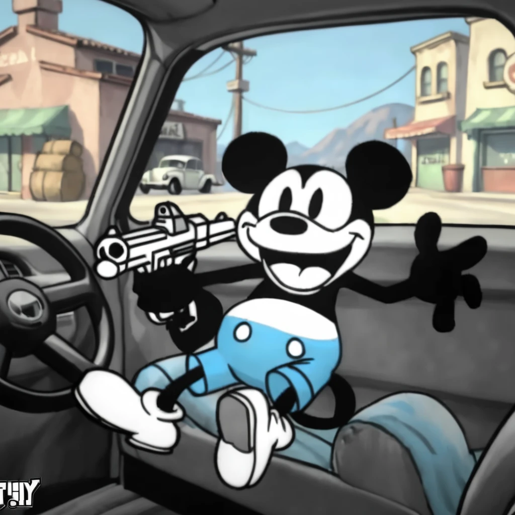 gta5, steamboat willie in a car, sitting, pointing a gun out of a car window, blue pants, mafia fiend, cute laughing maniacally <lora:WillieXL-000470:0.8>