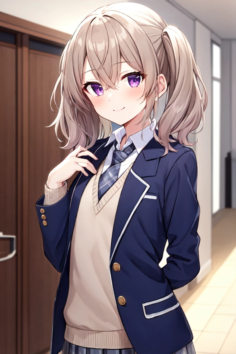 (masterpiece), (best quality:1.2, high quality:1.2, highres), indoors, solo, solo focus, (upper body), 1girl, yoshinaga koi, medium hair, messy hair, twintails, hair between eyes, light brown hair, purple eyes, smile, collared shirt, white shirt, striped necktie, grey necktie, purple sweater, blazer, blue jacket, open jacket, long sleeves, grey skirt, plaid skirt, pleated skirt