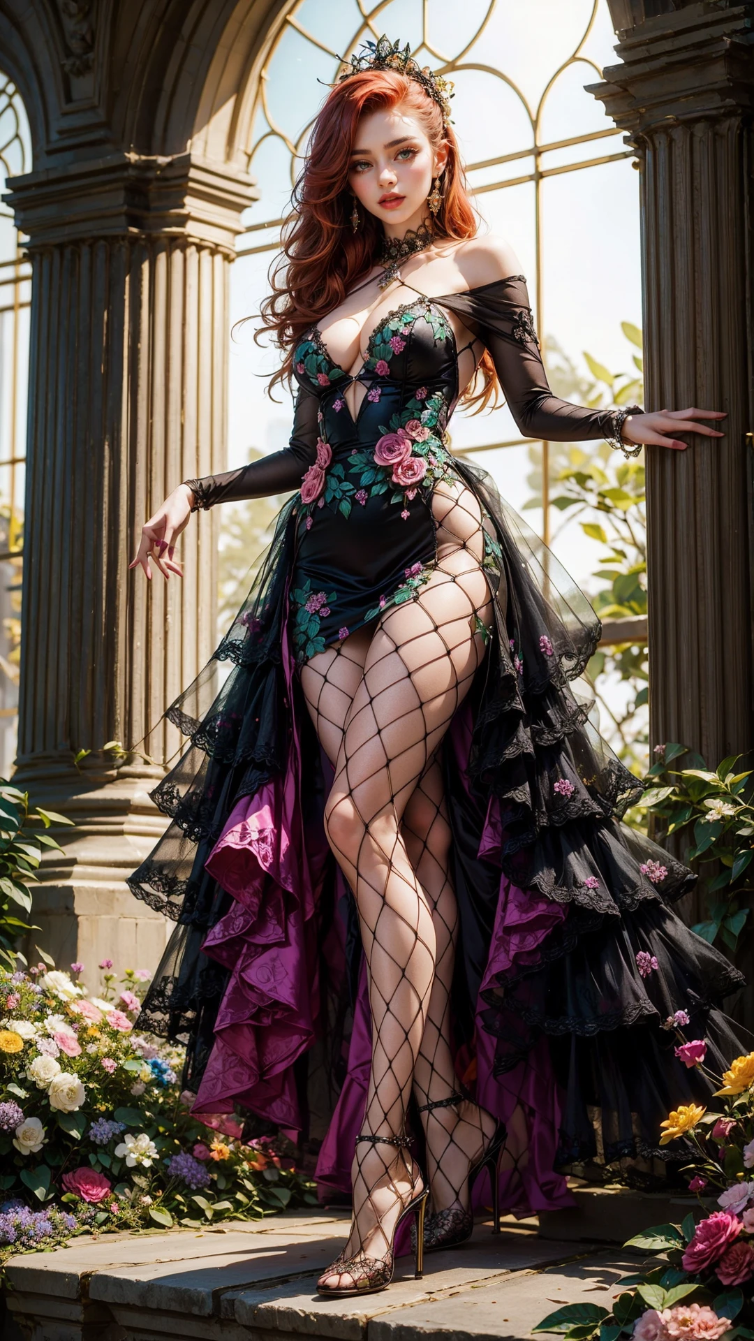 (tutututu),fishnet pantyhose,<lora:merged_0002:1>,(high heels:1.3),
a captivating woman adorned in a vibrant dress crafted from an array of colorful flowers. Emphasize her striking red hair and mesmerizing green eyes. Create intricate floral hair ornaments, showcasing a harmonious blend of diverse blooms. Surround her with a lush, immersive floral background, rich in detail and vivid hues, providing an ethereal atmosphere. Ensure the composition exudes beauty, grace, and the essence of a blooming garden.,flower dress