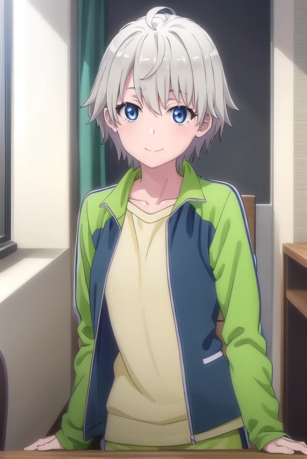 saikatotsuka, <lora:saika totsuka s2s3-lora-nochekaiser:1>,
saika totsuka, blue eyes, ahoge, grey hair, male focus, smile,
BREAK jacket, green jacket, shirt, white shirt, open jacket, shorts, green shorts, raglan sleeves,
BREAK indoors, classroom,
BREAK looking at viewer, (cowboy shot:1.5),
BREAK <lyco:GoodHands-beta2:1>, (masterpiece:1.2), best quality, high resolution, unity 8k wallpaper, (illustration:0.8), (beautiful detailed eyes:1.6), extremely detailed face, perfect lighting, extremely detailed CG, (perfect hands, perfect anatomy),