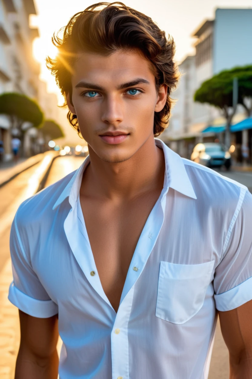 professional photograph of a brazilian young adult alluring male model, on the streets of Rio, open shirt, golden hour, detailed eyes, (perfectly-lit, crisp focus, absurdres, 8k UHD, HDR, vivid color, depth of field, contrast, clarity, balance), light blue eyes