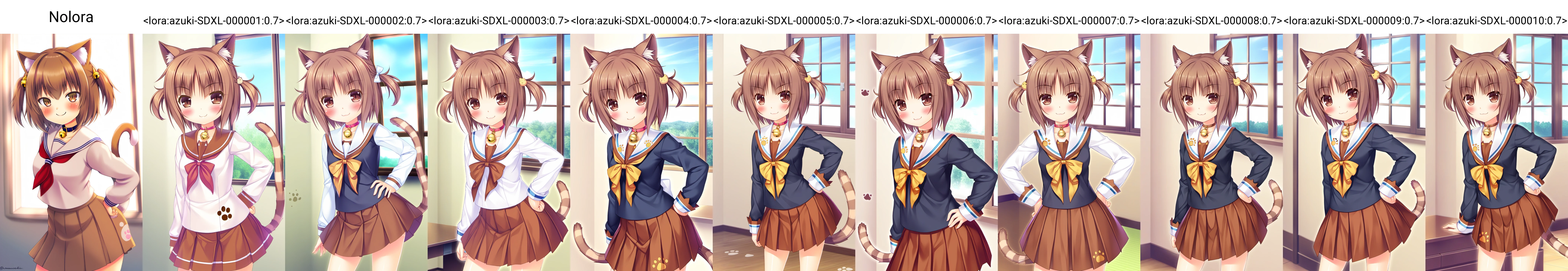 Nolora,nekopara, nekopara_azuki, informal_dress, 1girl, animal_ears, tail, brown_hair, hand_on_hip, solo, brown_eyes, bell, skirt, school_uniform, neck_bell, cat_ears, pleated_skirt, jingle_bell, cat_tail, smile, collar, looking_at_viewer, short_hair, striped_tail, paw_print, brown_skirt, window, serafuku, slit_pupils, long_sleeves, blush, choker, two_side_up,