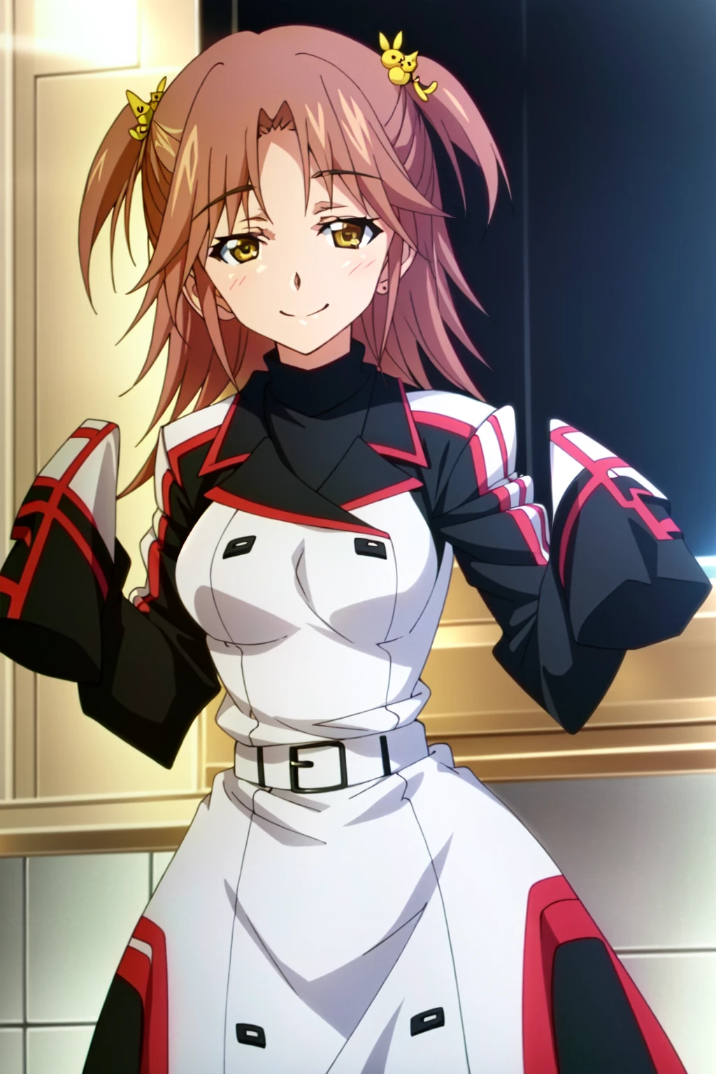 (extremely detailed CG unity 4k wallpaper),(masterpiece),(best quality),(ultra-detailed),(best illustration),(best shadow),(absurdres),(detailed background), <lora:OGT_Honne_Nohotoke-v1:1> Honne Nohotoke, 1girl, solo, smile, looking at viewer, two side up, hair ornament, upper body, brown hair, long hair, uniform, yellow eyes, long sleeves, brown eyes, breasts, twintails