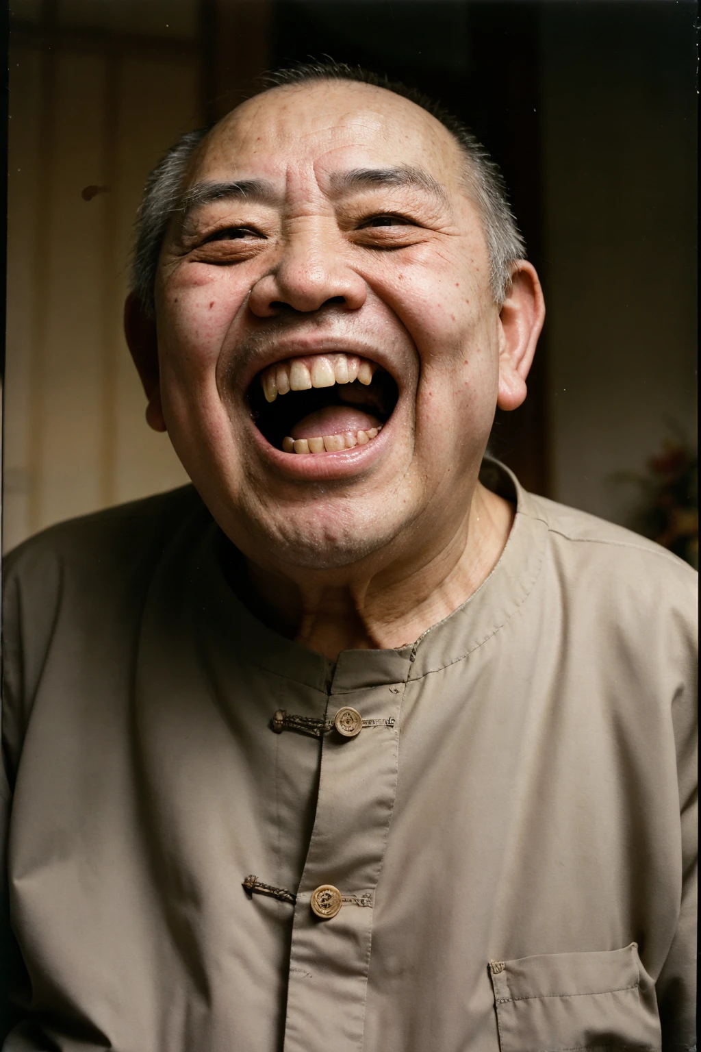 chinese old_man, fat, ugly, open mouth, (laughing:1.2), bad teeth, yellowed teeth,,
RAW photo, film grain,