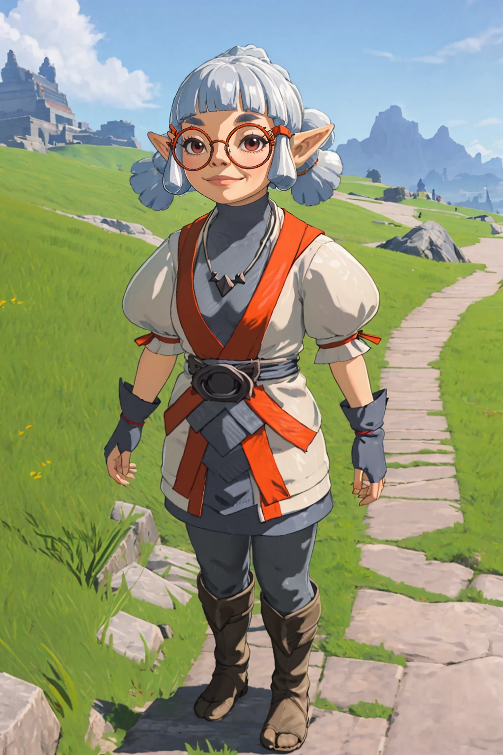 hyrule, scenery, josha, masterpiece, 1girl, best quality, outdoors, smile,
red eyes, silver hair,  pointy ears, blunt bangs, glasses, red-framed eyewear,
belt, gray tunic, necklace, puffy sleeves, short sleeves, closed mouth, full body, high collar
<lora:Josha_TotK:0.9>  <lora:Hyrule:0.5>