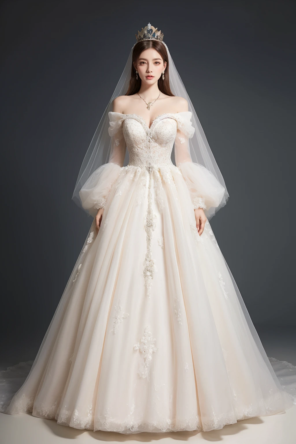 1 Girl,White Wedding Dress,Wedding Dress,Full Body,Standing,French Wedding Dress,Glitter,Long Dress,Crown,Puff Sleeves,Puffy Skirt,Jewelry,Necklace,Veil,Masterpiece,Best Quality,Official Art,Hyper Detail,High Resolution,Surrealism,Huge Detail,Beautiful Eye,Extremely Delicate Beauty,Extremely Detailed,CG,Amazing,Fine Detail,<lora:hunsha_20240115192457-000002:0.6>,