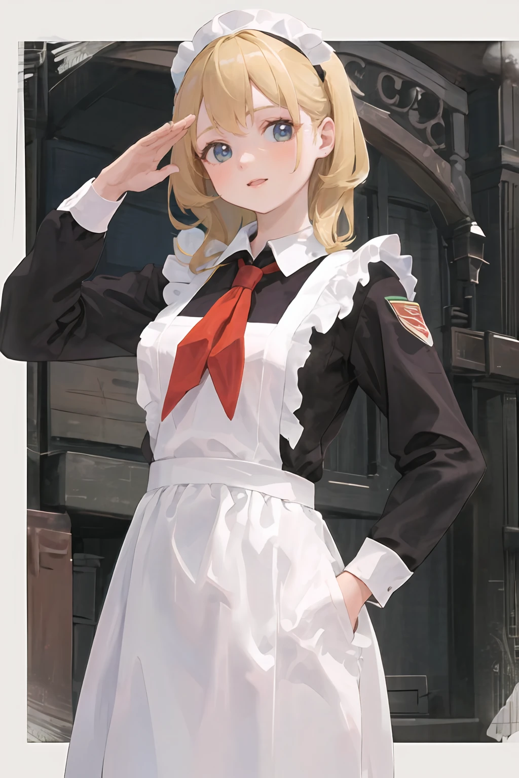 masterpiece,highres,1girl,???,solo,blonde,cccpuniform,red neckchief,looking at viewer, 
white apron,(white collar:1.3) ,communism ideology,salute,red flag
 <lora:cccpuniform:0.7>  <lora:GoodHands-vanilla:1>