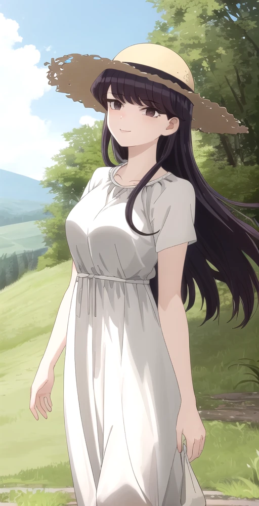 SK, 1girl, solo, portrait, smile, long white loose dress short sleeves, straw hat, hand on hat, hilltop, grassy, windy, perfect quality, good quality, masterpiece, HDR, UHD <lora:Shoko Komi:0.8>