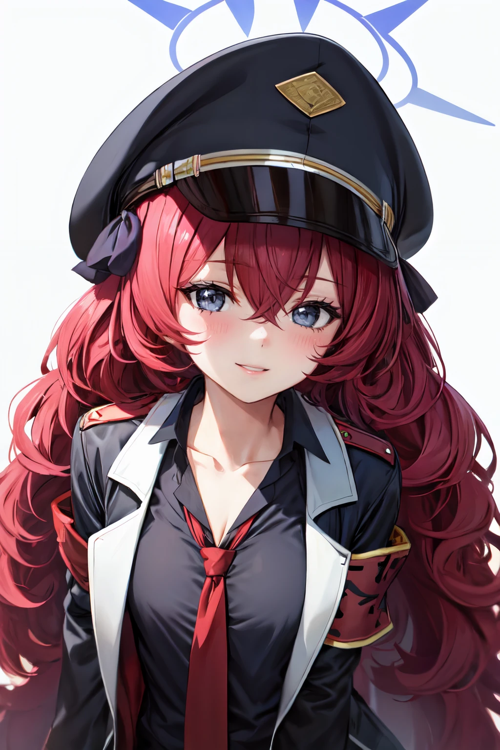 iroha ba, 1girl,solo, open jacket, white background, black shirt, blush, jacket, long sleeves, military hat, red necktie, simple background,  hair between eyes, looking at viewer,  open clothes, halo, collared shirt, collarbone, armband,smile,happy,parted lips<lora:iroha_blue_archive:1>