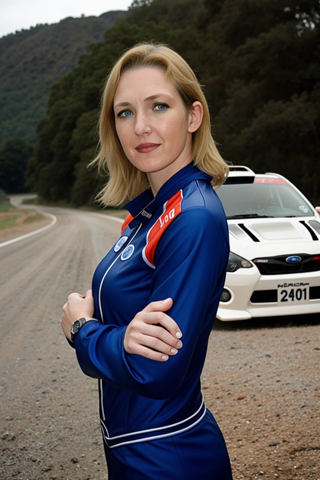 a RAW photo, portrait of allover30carrie, wearing (racer suit:1.2), rally, field dirty road, stay close to (rally subaru impreza car:1.2), blurry background, intricate details, best quality, masterpiece, detailed skin texture <lora:allover30carrie:1>