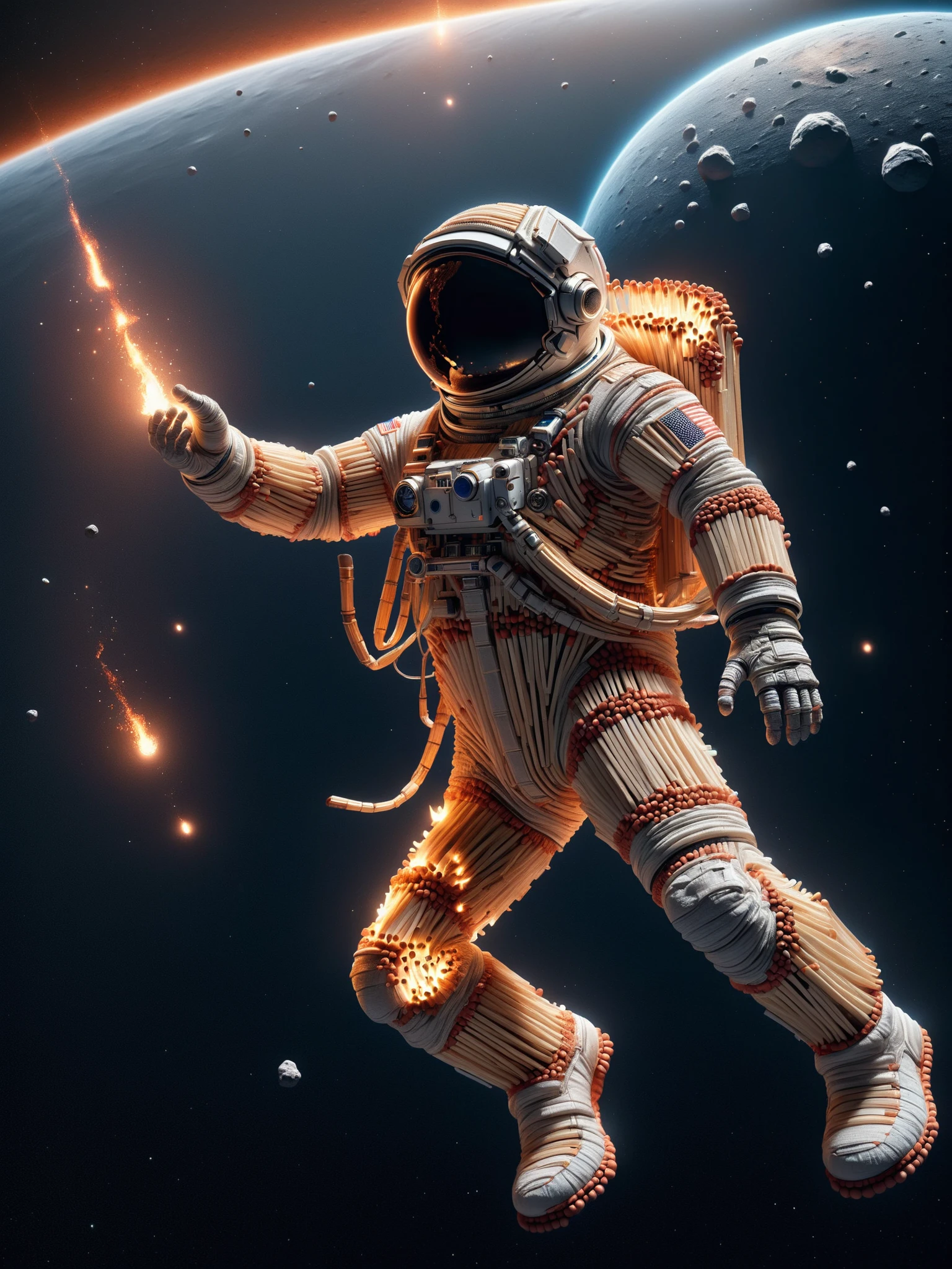 A lone astronaut floating in space, their spacesuit woven from heat-resistant ais-matches, gazing at a celestial dance of fiery asteroids <lora:Matches_Style_SDXL:1>