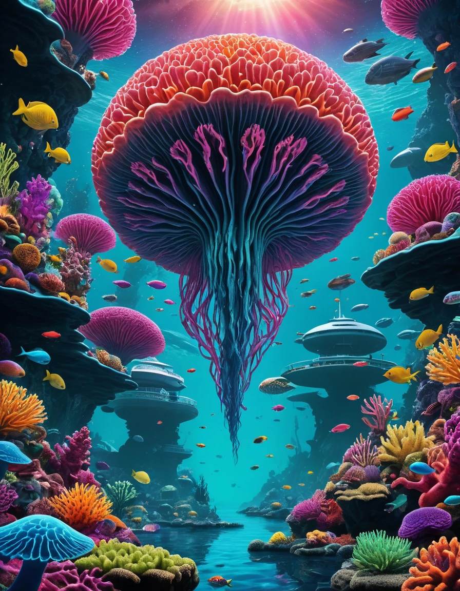 alien-themed Journey through an extraterrestrial odyssey where humans and alien sea creatures harmoniously coexist in a vibrant, abstract 3D world. Astonishing coral reefs flourish alongside peculiar marine beings, their bodies morphing into impossible shapes and hues. Fantastical schools of fish swim alongside levitating islands, while submarines dive into the depths of alien seas. Composed in 4K resolution, this psychedelic dreamscape explores the limitless potential of cross-dimensional pollination, combining terrestrial and aquatic ecosystems into a mesmerizing spectacle of color, geometry, and imagination. Plunge into this phantasmagoric parallel universe and let your senses indulge in its overwhelming beauty. . extraterrestrial, cosmic, otherworldly, mysterious, sci-fi, highly detailed