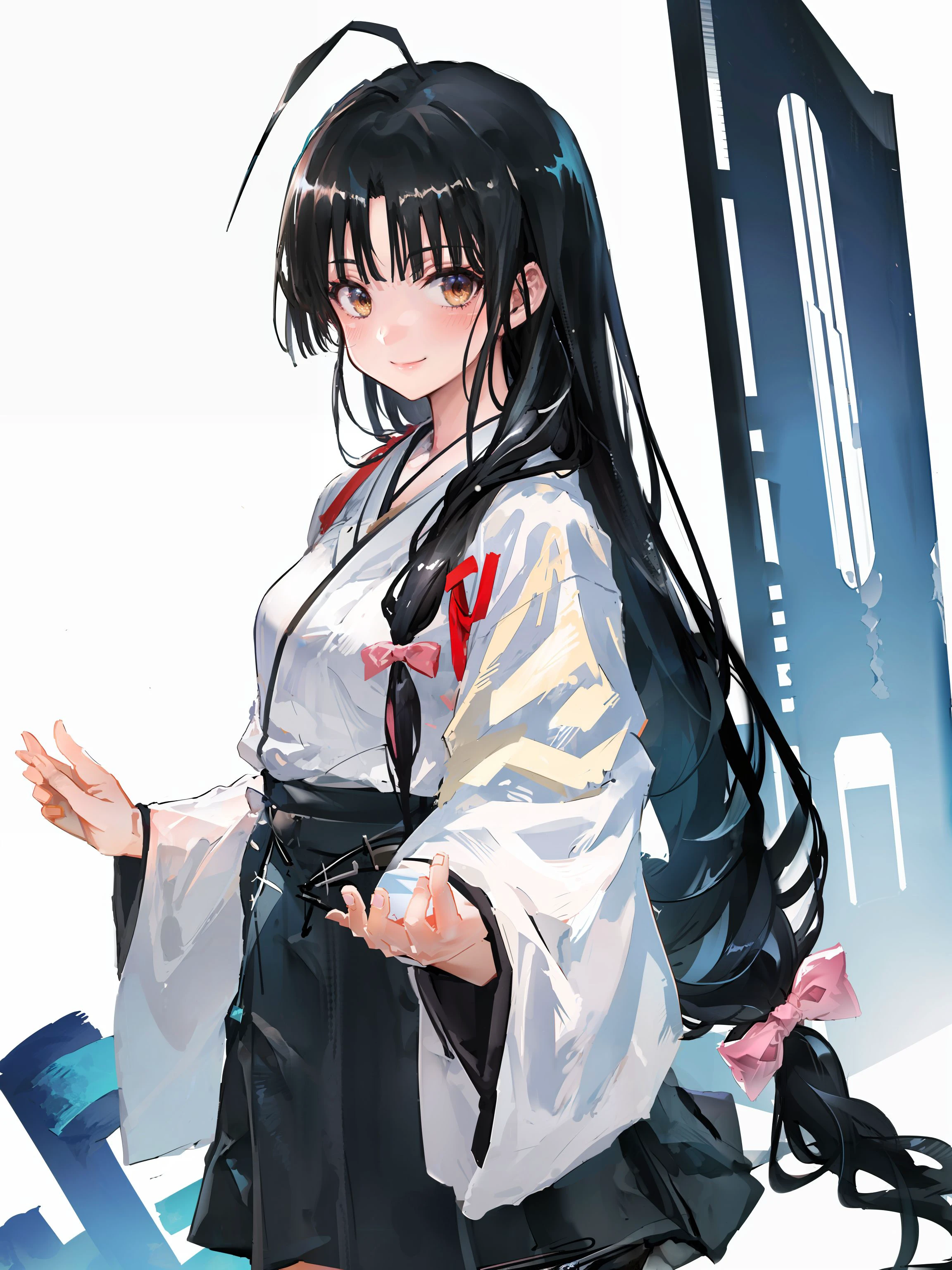 shouhou \(kancolle\), 1girl, solo, japanese clothes, skirt, ahoge, white background, simple background, hakama, hakama skirt, kimono, black skirt, black hakama, blush, smile, wide sleeves, white kimono, cowboy shot, looking at viewer, pleated skirt, ribbon, hakama short skirt, breasts, original, intricate detail, illustration, masterpiece, extremely detailed CG unity 8k wallpaper, highlight, sharpening, dynamic, <lora:Shoho:0.8>,