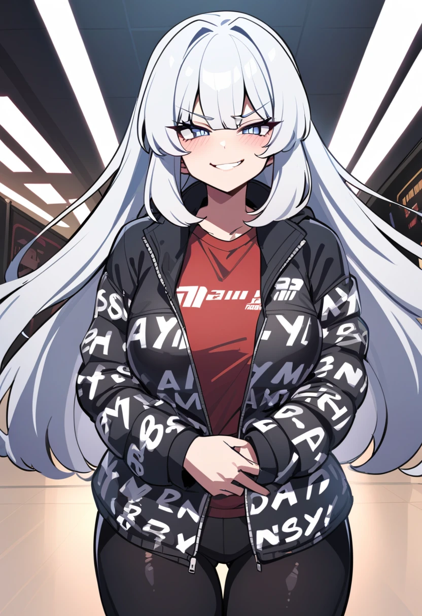 skater outfit, city, tokyo, sunny, arrogant expression, domineering smile, masterpiece, best quality, silver hair, black eyes