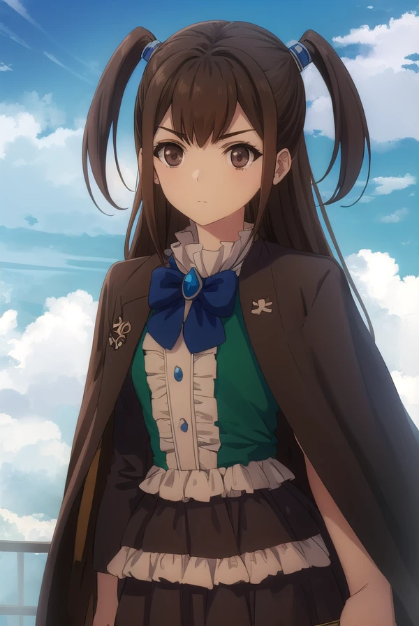 kizunakazayama, <lora:kizuna kazayama s2-lora-nochekaiser:1>,
kizuna kazayama, long hair, brown hair, (brown eyes:1.5), two side up,
BREAK long sleeves, dress, bow, frills, wide sleeves, bowtie, cape, blue bow, brooch, green dress, black cape,
BREAK outdoors, forest, nature, sky, sun, clouds,
BREAK looking at viewer, (cowboy shot:1.5),
BREAK <lyco:GoodHands-beta2:1>, (masterpiece:1.2), best quality, high resolution, unity 8k wallpaper, (illustration:0.8), (beautiful detailed eyes:1.6), extremely detailed face, perfect lighting, extremely detailed CG, (perfect hands, perfect anatomy),