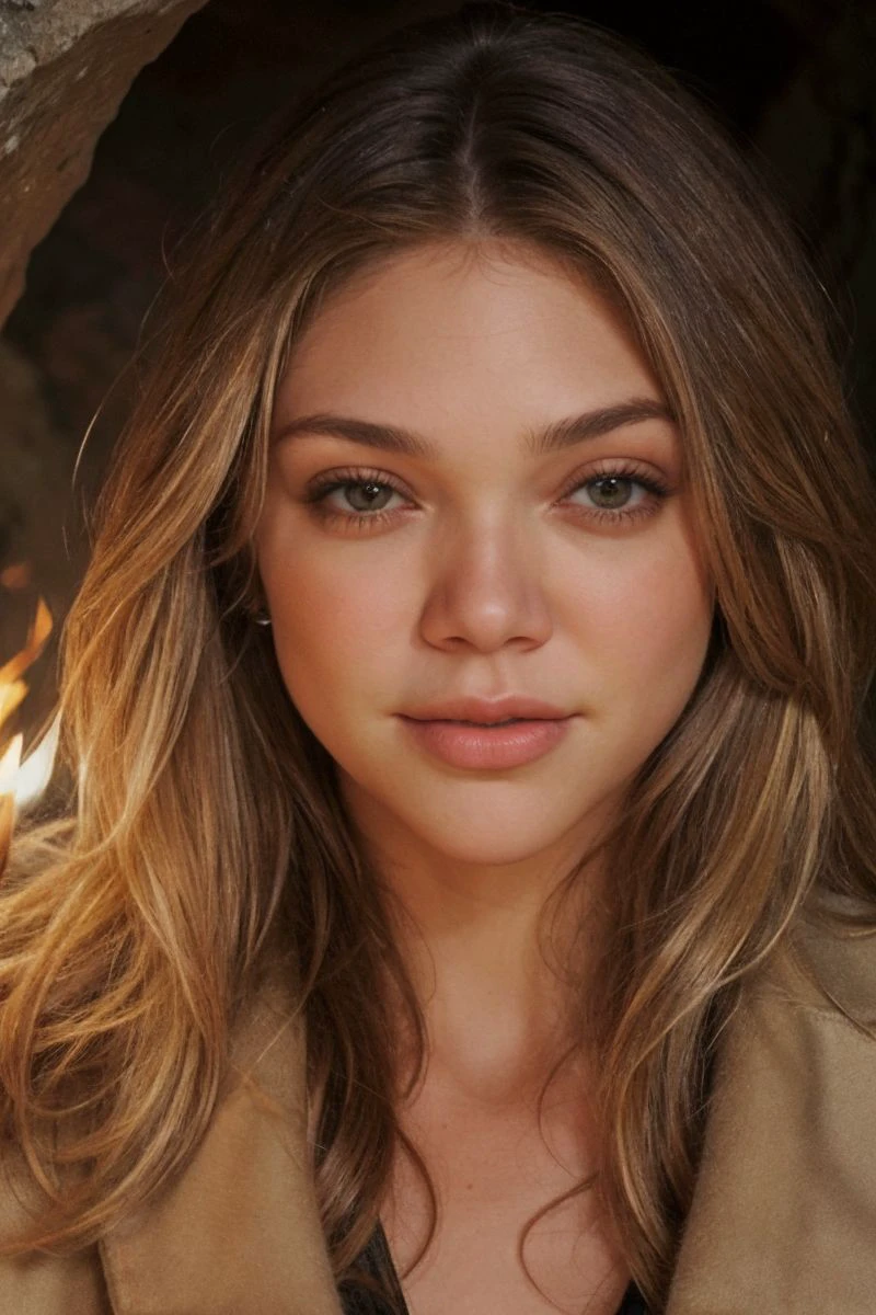 headshot of S290_JessieAndrews,a gorgeous woman,in a (cave:1.1),wearing a (coat:1.1),(burning-torch),(4k, RAW photo, best quality, depth of field, ultra high res:1.1),(absurdres, intricate, photorealistic, masterpiece, ultra-detailed:1.1),
