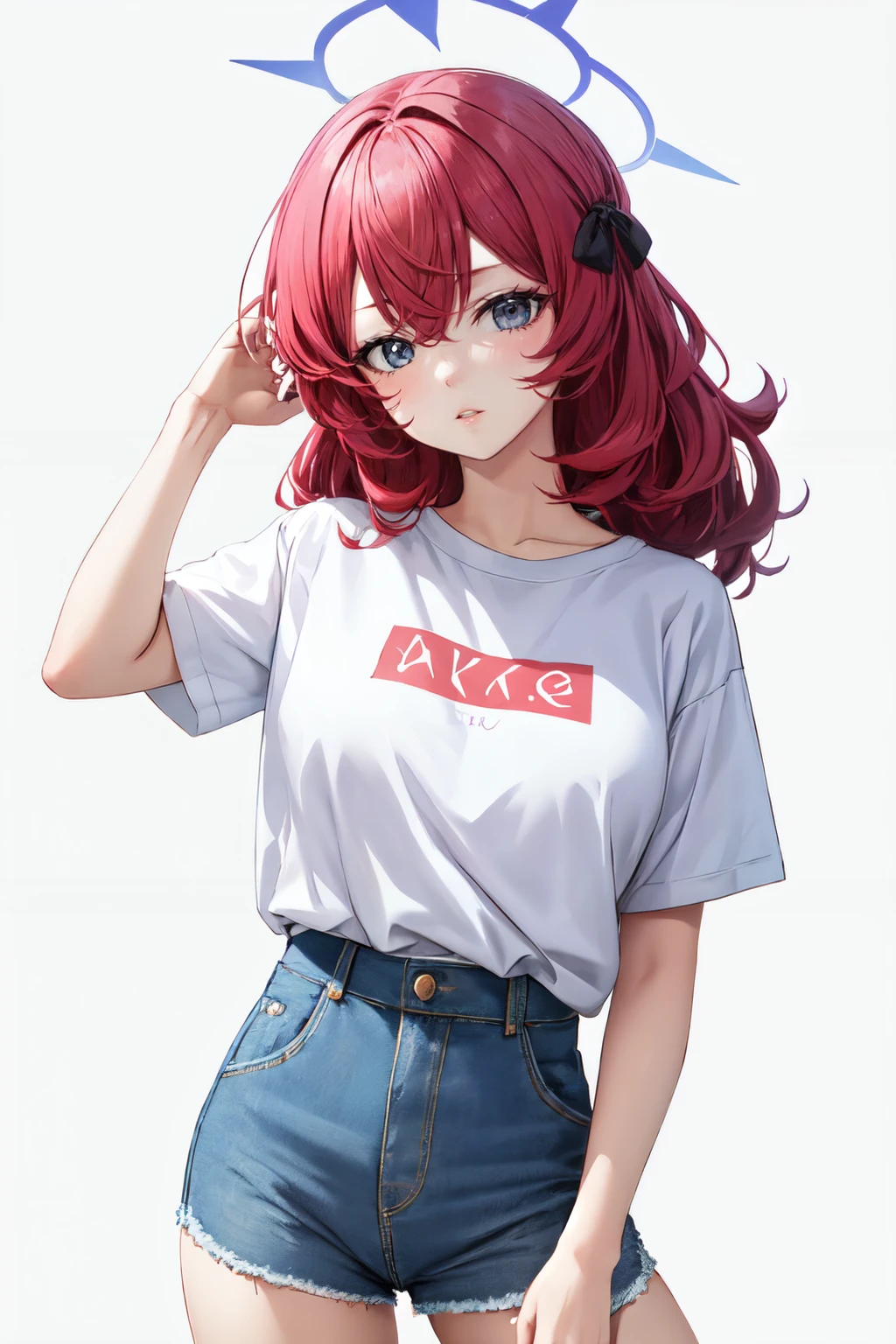 iroha ba, white shirt, 1girl,solo, short sleeves, tshirt, denim shorts, halo, looking at viewer, parted lips<lora:iroha_blue_archive:1>