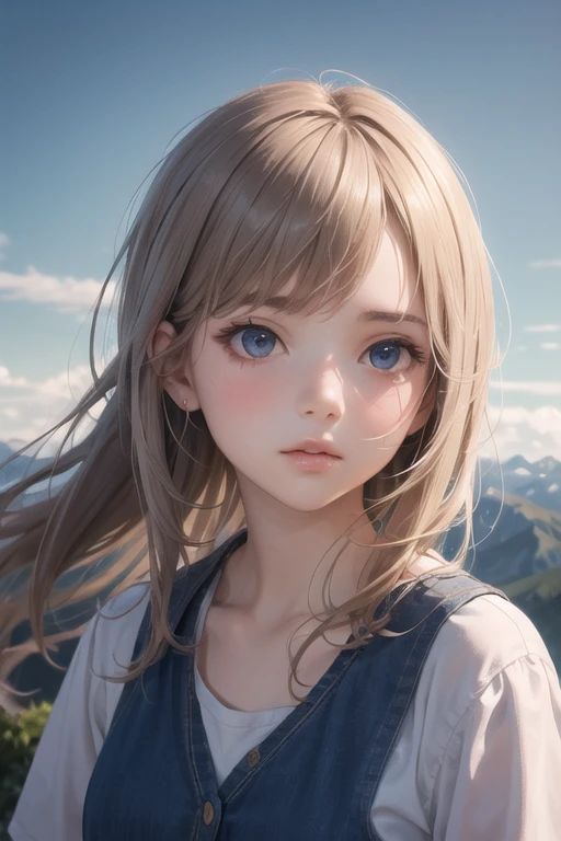 1girl,floating hair,soothing tones, muted colors,cute detailed face,hyperrealism,mountainous horizon,