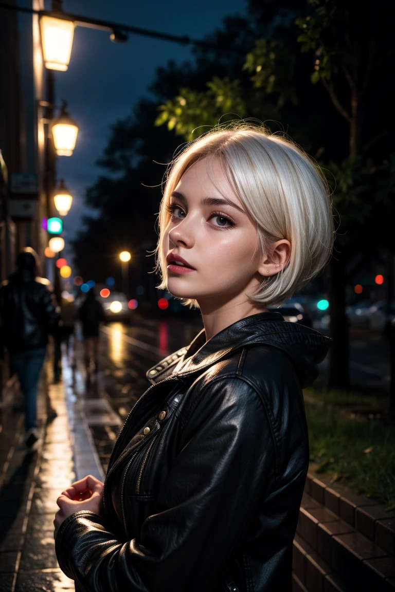 8k,highres, best quality, 1girl, white hair, short hair, outdoors, night, raining,<lora:more_details:0.5>