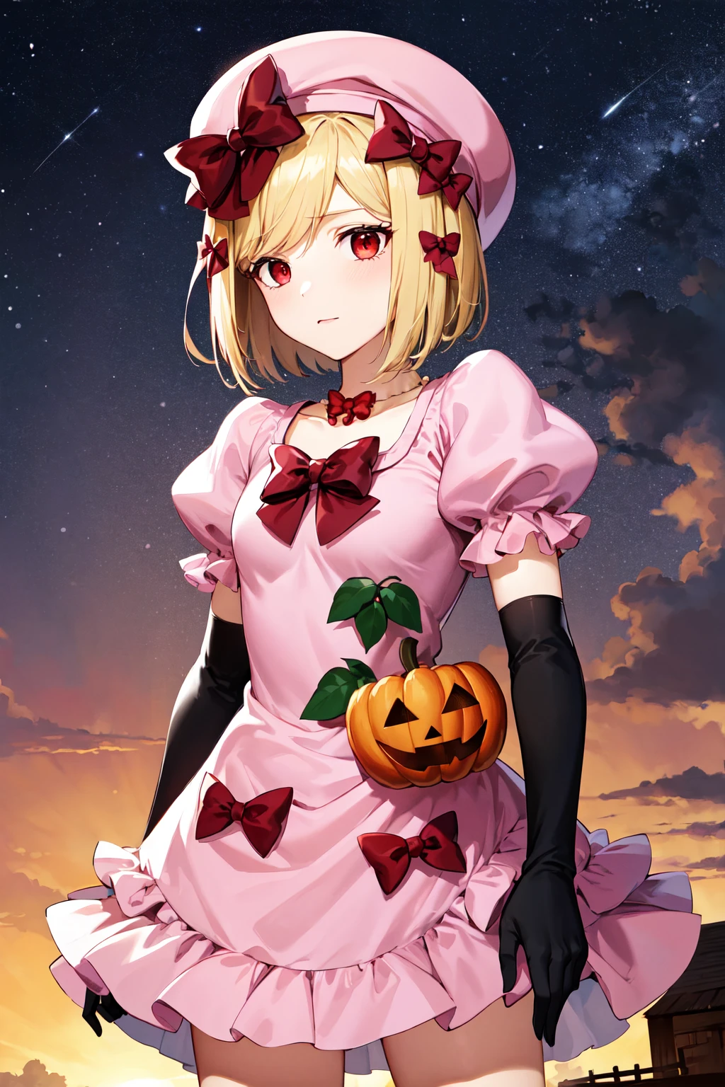 masterpiece, best quality, highres, aalamb, short hair, hair bow, red bow, beret, pink headwear, red eyes, necklace, frills, pink dress, jack-o'-lantern, puffy sleeves, elbow gloves, black gloves, <lora:lambdadelta_v1:0.7>, sunset, looking at another,