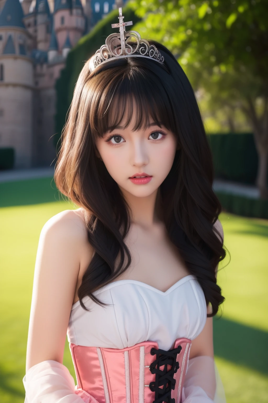 <lora:zqy:0.6:lbw=FACE>1 girl, 
<lora:AmagiBrilliantPark_LatifaFleuranza:0.6:lbw=CLOTHING>
LatifaFleuranza, princess, long wavy black hair, black eyes, intricate silver tiara, pink and white dress, corset with red lacing, white gloves, elegant, castle background, lush greenery, daylight, (highres:1.3), (detailed:1.2), (vibrant:1.1), clean line art, soft shading, (happy:0.9)