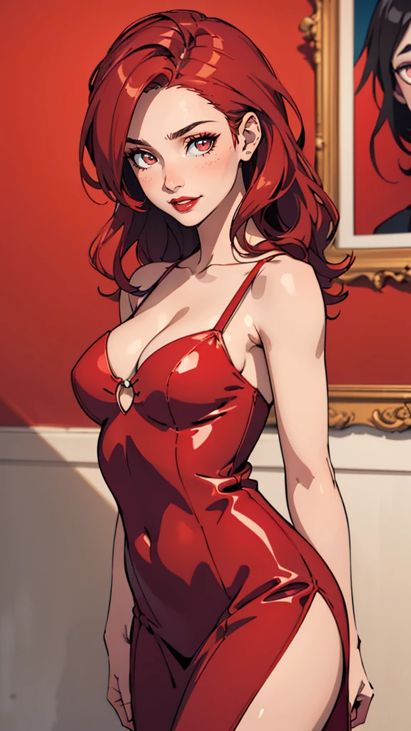 (model photoshoot, (red theme:1.1), a stylish girl, red hair, silver eyes, red lipstick, red eye shadow, blush, (european, 18 years old), sexy, pure innocence, (light smile:0.8), whore vibe, in love, simple red dress, seductive gaze, (red:1.1) wall background, shallow depth of field, romantic setting, dreamy pastel palette, whimsical details, (official art), (cinematic),