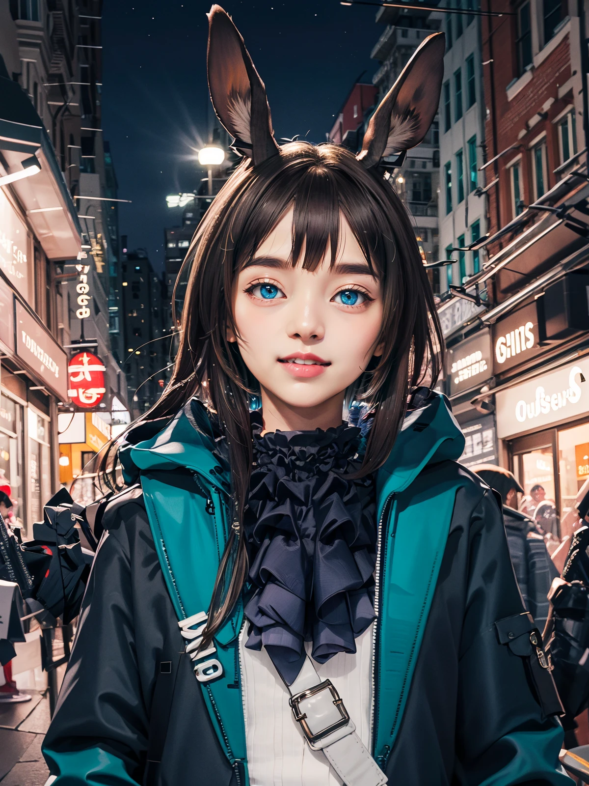 girl,(animal ears),straight-on,upper body,brown hair,(rabbit ears:0.8),multicolored hair,detailed eyes,blue eyes,open coat,blue coat,bangs,looking at viewer,blush,standing,(blue ascot),coat,light smile,(default outfit),solo,building,city,cityscape,night,outdoors,skyscraper,street,hongkong \(city\),tree ,<lora:Arknights_Amiya-lionV1:0.8>,