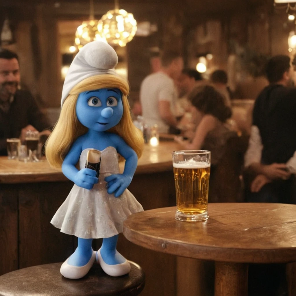 cinematic photo a female smurf wears a dress, in a pub, giant beer glass <lora:Smurfs1024:0.6> . 35mm photograph, film, bokeh, professional, 4k, highly detailed