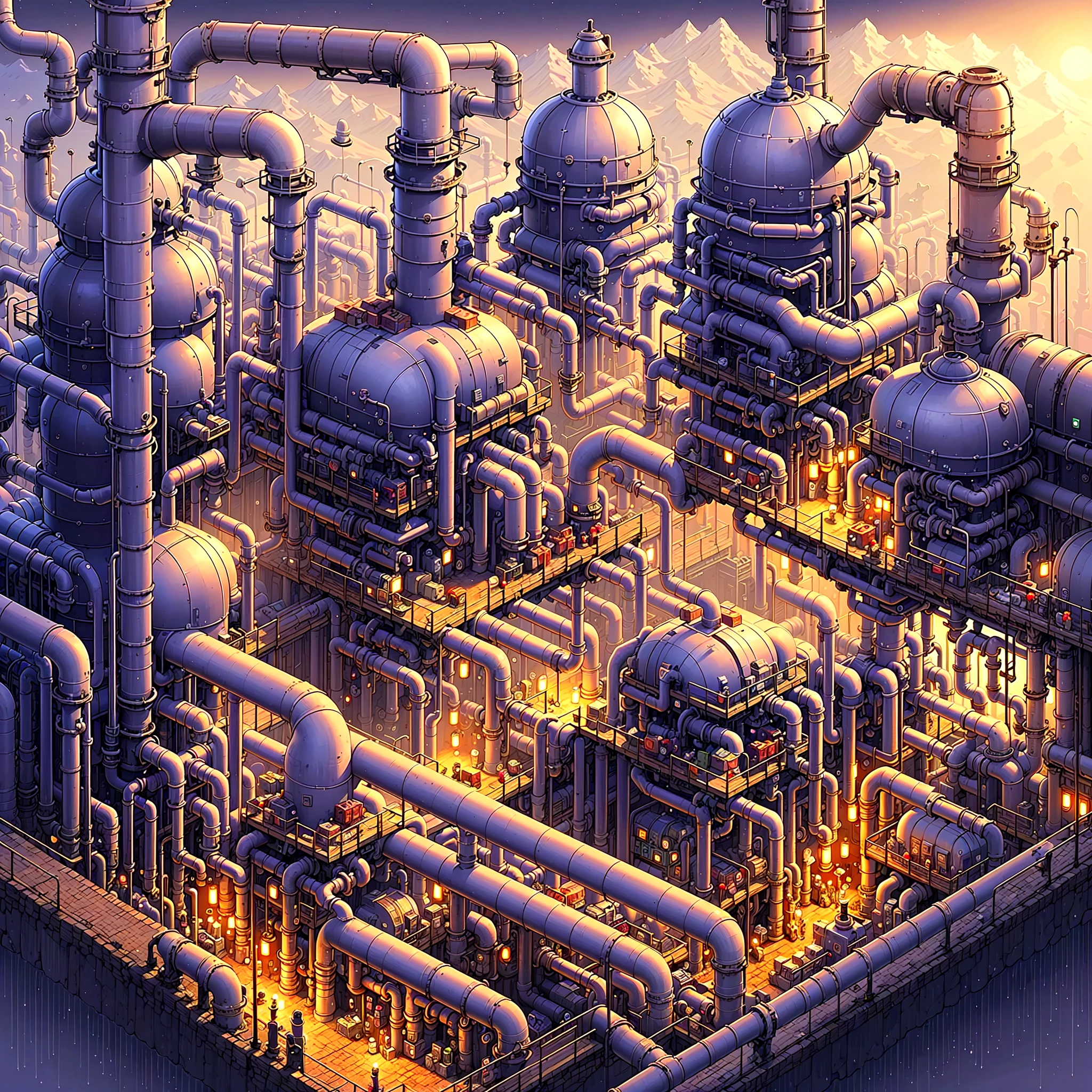 8k,best quality,masterpiece,industrial pipe,no humans,scenery,night,steampunk city scene,2d game scene,