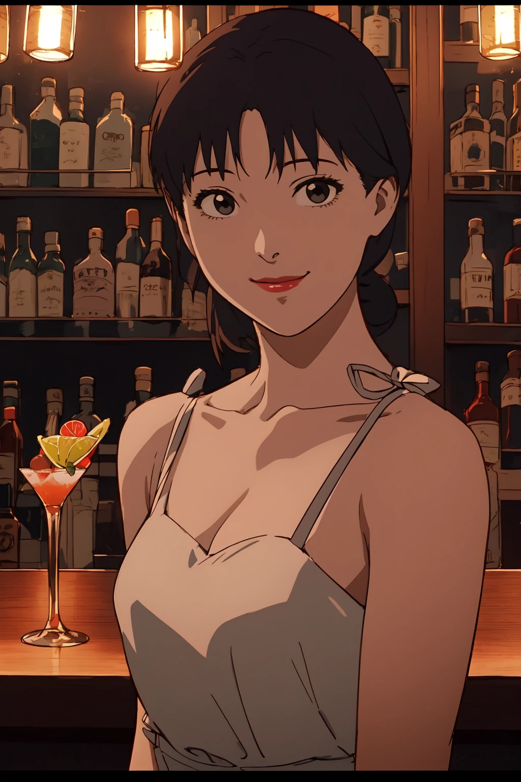 (RAW photo, best quality), 1girl,  overhead lighting, upper body, cocktail bar, smile, dress,  light on face,
<lora:satoshi_kon_art_style_v1_2-000007:1>, satosh kon art style