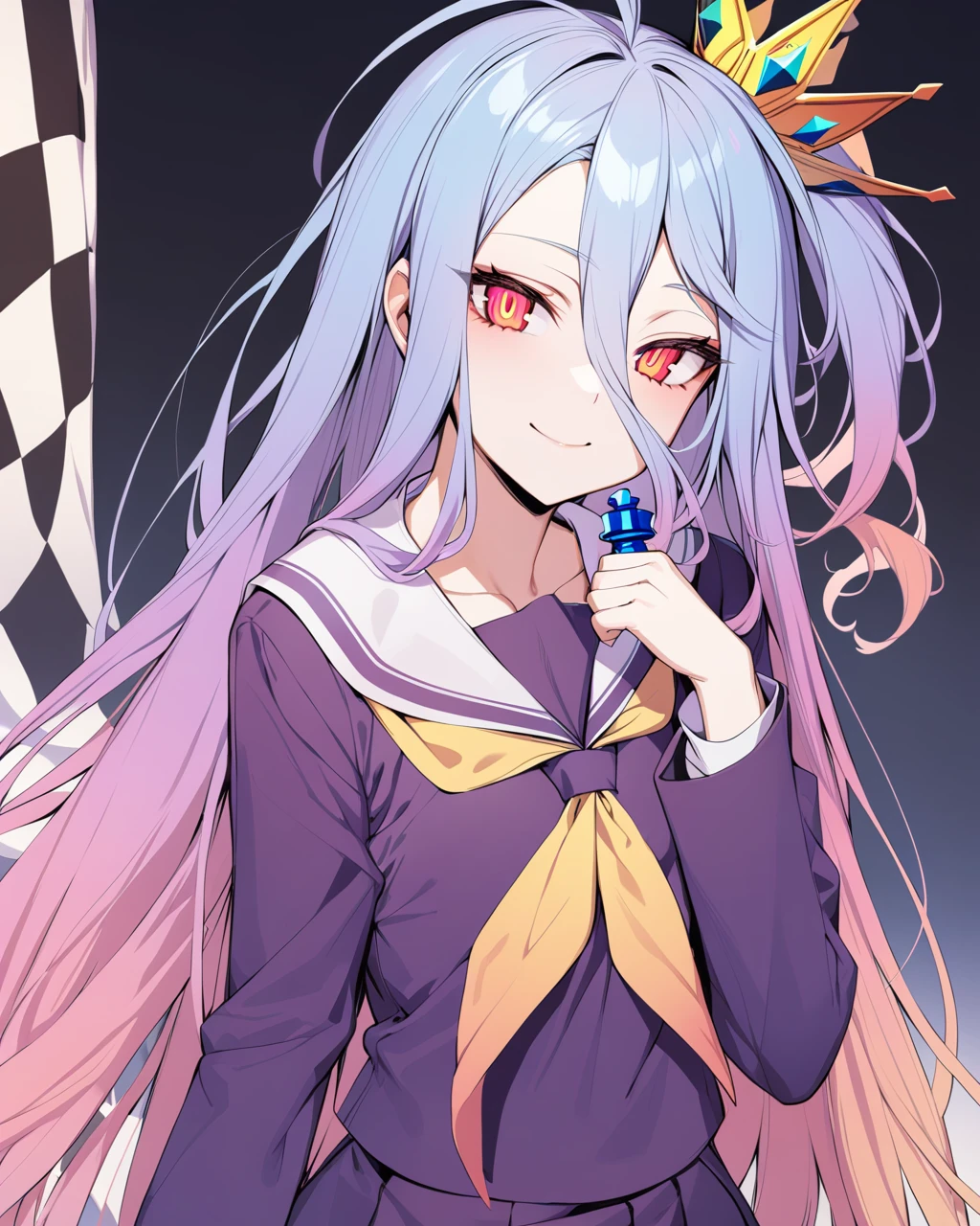masterpiece, best quality,    <lora:bai:1>ï¼1girl, chess piece, long hair, solo, school uniform, king (chess), serafuku, looking at viewer, very long hair, multicolored hair, multicolored eyes, crown, red eyes, blue hair, knight (chess), hair between eyes, smile, gradient hair