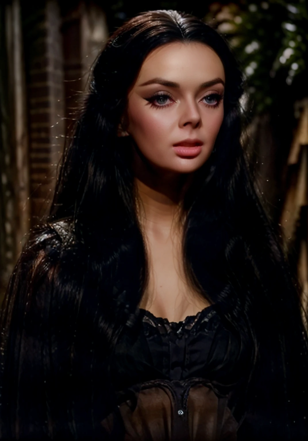 Morticia Addams, Dita von Teese, Yennefer de Vengerberg linda jovem vampira de cabelos longos e pretos, olhos vermelhos, sorriso felino, roupas pretas e antigas, fantasia, Castle scenery, symmetrical face, symmetric eyes, fotorrealista, foto, obra-prima, realista, realismo, fotorrealismo, alto contraste, photorealistic digital art trend in Artstation 8k HD high definition detailed realistic , detalhado, textura da pele, hiper detalhado, textura realista da pele, armadura, melhor qualidade, ultra high-resolution, (fotorrealista: 1.4), high resolution, detalhado, foto crua, sharp re, by lee jeffries nikon d850 film stock photography 4 kodak camera portra 400 lens f1.6 colors rich hyper realistic texture dramatic lighting irrealengine trending on artstation cinestill 800