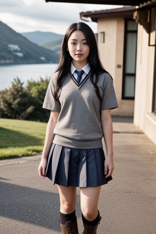 1 woman, 22yo, realistic, masterpiece, high detailed skin, looking at viewer, full body shot, scenic view, long hair, black hair
<lora:Grey_School_Dress_By_Stable_Yogi:1> school uniform, grey skirt, grey sweater, shirt, tie, short sleeves, socks, boots