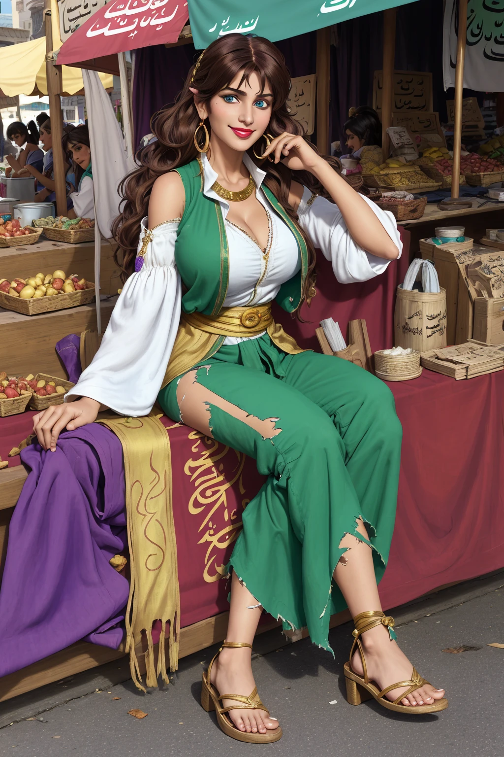 cartoon,flat colors,big breasts,ragged white shirt with patches over the sleeves,green vest, white harem pants with a purple sash, <lora:Sadira_Aladdin:0.7>,seductive smile,seductive pose,an image of sadira,sadira,portrait,cartoon,flat colors,messy brown hair,blue eyes,thick lips,open mouth,red lips,arabic, market background,full body,heeled sandals,open hair,golden hair accessoirs,hair over shoulder,wavy hair,sitting on marketstall,leaning forward,open smile,outside,presenting breasts,rags,torn clothes,arabic background,bazar,playing with her hair,