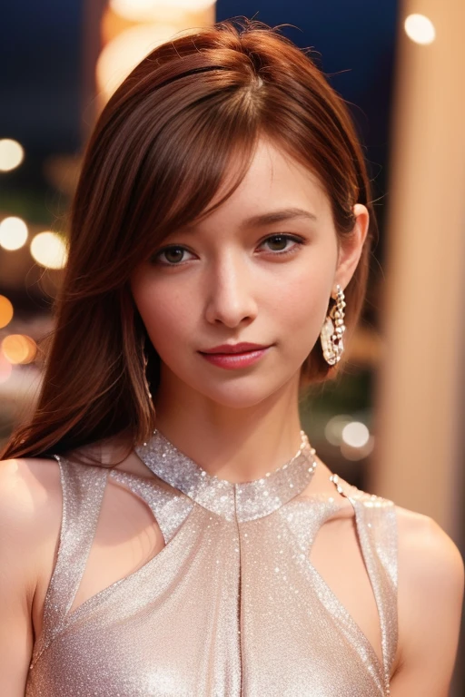 1girl,(RAW photo, best quality), (realistic, photo-realistic:1.4), masterpiece, an extremely delicate and beautiful, extremely detailed, 2k wallpaper, Amazing, finely detail, extremely detailed CG unity 8k wallpaper, ultra-detailed, highres, soft light, beautiful detailed girl, extremely detailed eyes and face, beautiful detailed nose, beautiful detailed eyes,cinematic lighting,city lights at night,perfect anatomy,slender body,smiling
<lora:gotomaki_lora:0.8>(wearing sleeveless glittery evening dress:1.3)