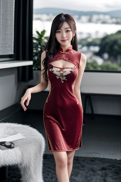 1 woman, 22yo, realistic, masterpiece, high detailed skin, looking at viewer, full body shot, scenic view, long hair, black hair
<lora:Red_Velvet_Cheongsam_By_Stable_Yogi:1> red velvet cheongsam dress