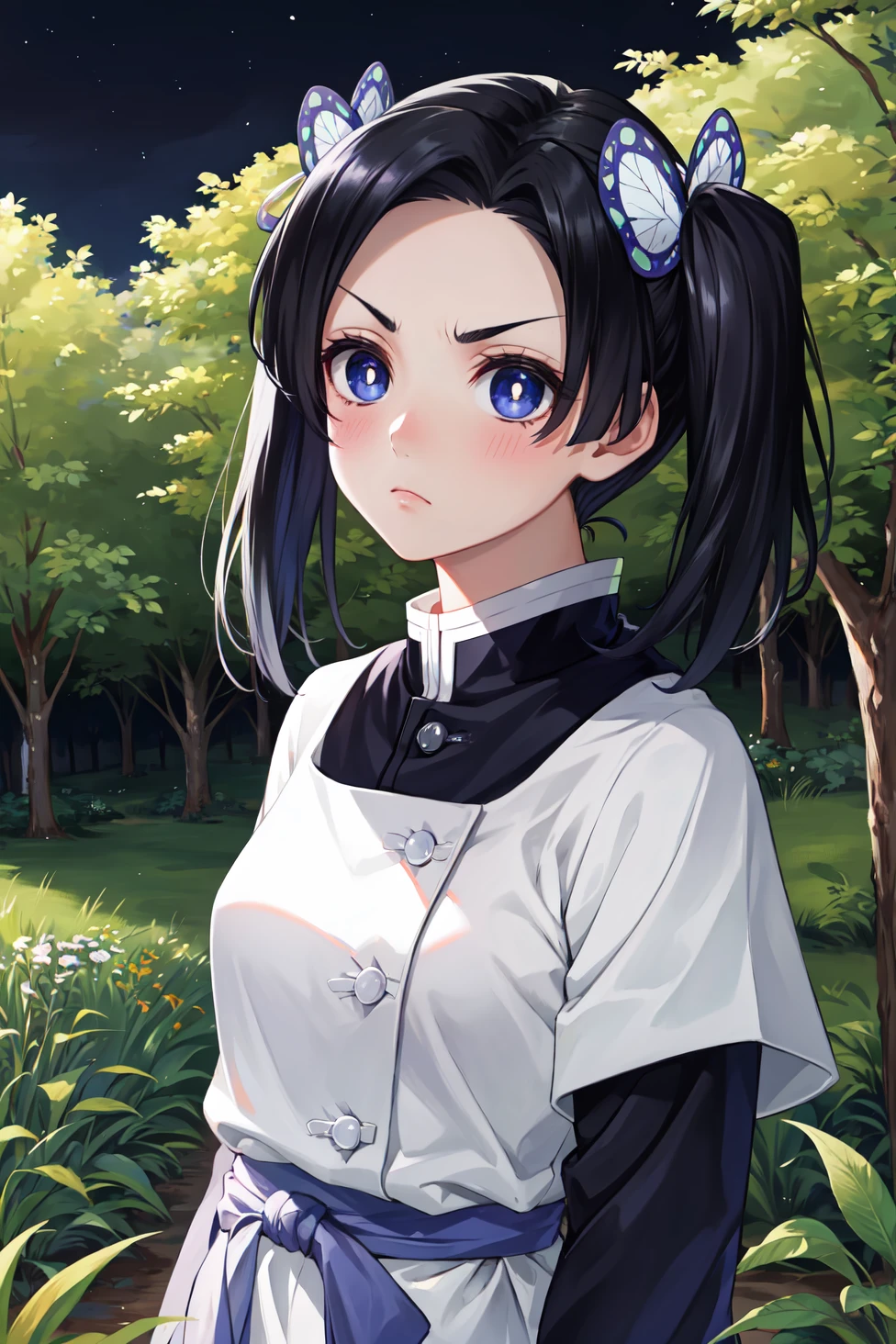 masterpiece, best quality, highres,
AoiDef, 1girl, solo, breasts, blush, short hair, bangs, blue eyes, black hair, hair ornament, twintails, v-shaped eyebrows, parted bangs, frown, bright pupils, white pupils, butterfly hair ornament, kanzaki aoi \(kimetsu no yaiba\),
long sleeves, dress, white dress, jacket, short sleeves, white dress, layered sleeves, short over long sleeves, purple pants, demon slayer uniform, kimetsu no yaiba,
upper body, outdoors, forest, field, night, night sky, darkness, starry sky, <lora:LoRA_Aoi:1>