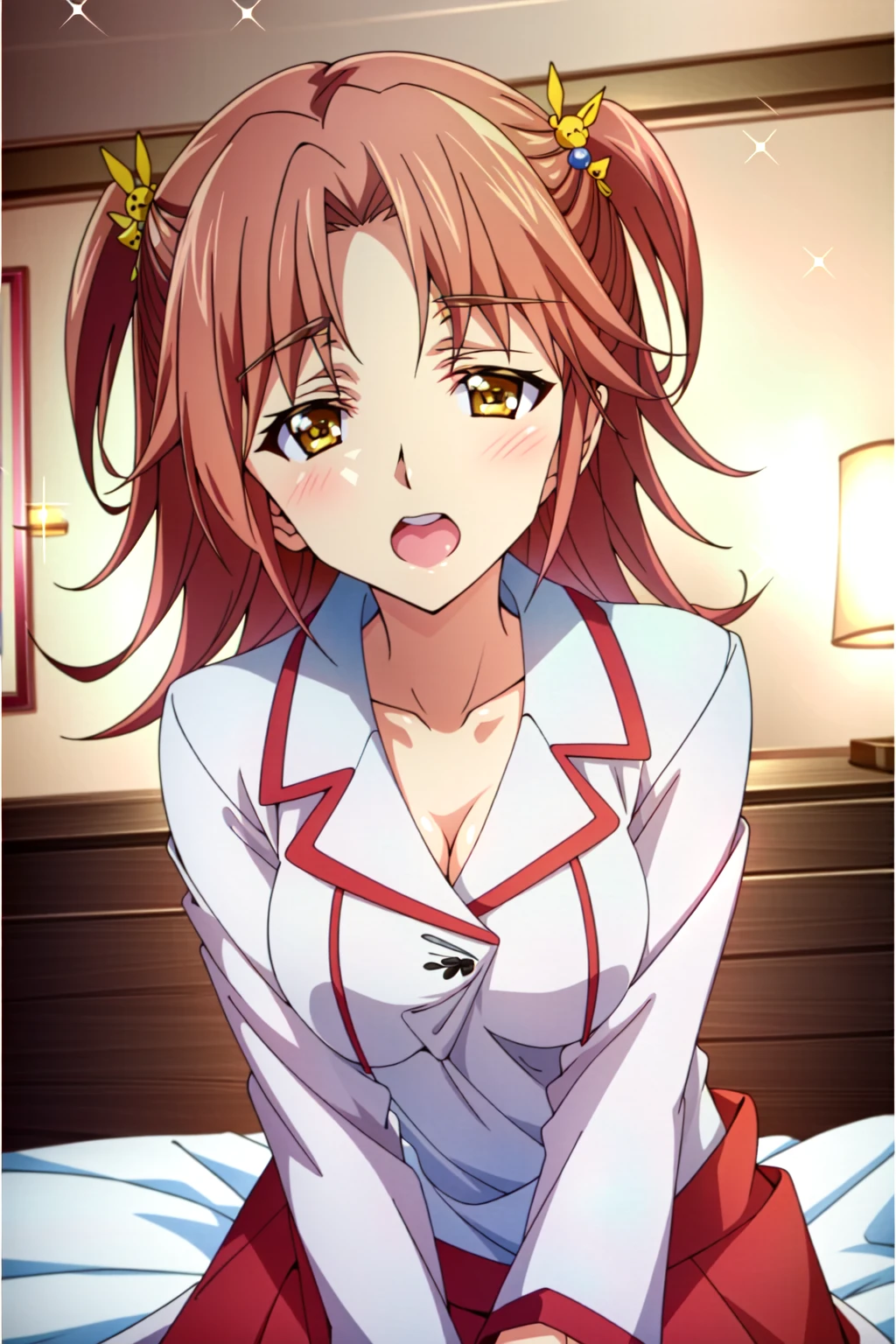 (extremely detailed CG unity 4k wallpaper),(masterpiece),(best quality),(ultra-detailed),(best illustration),(best shadow),(absurdres),(detailed background), <lora:OGT_Honne_Nohotoke-v1:1> Honne Nohotoke, 1girl, breasts, solo, cleavage, medium breasts, open mouth, brown hair, blush, bed, twintails, two side up, looking at viewer, yellow eyes, pajamas, hair ornament, short hair, sparkle