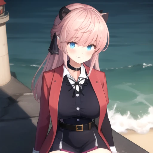 ((masterpiece)),(best quality),official art,extremely detailed CG,unity 8k wallpaper,ultra detailed,A lighthouse on a cliff by the sea,1girl,solo,upper body,(portrait:1.2),looking at viewer,Vivi(v atmi),neck ribbon,blue eyes,hair ribbon,horns,long hair,white_button,smile,collared shirt,black thighhighs,red coat,choker,black gloves,pink hair,black ribbon,black belt,white shirt,large breasts,bangs,zettai ryouiki,black dress,black footwear,boots,long sleeves,sidelocks,<lora:Vivi(v atmi)>,