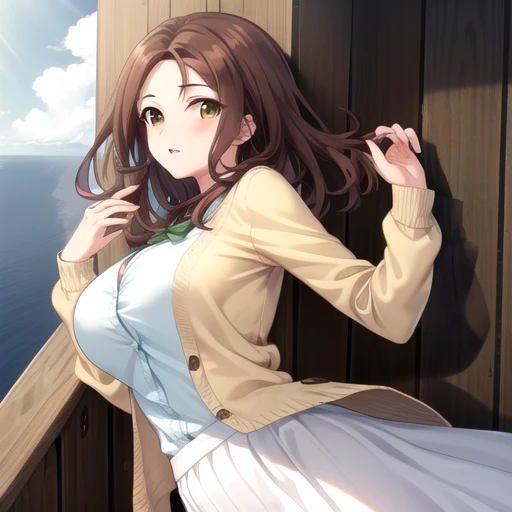 ((masterpiece)),(best quality),official art,extremely detailed CG,unity 8k wallpaper,ultra detailed,A lighthouse on a cliff by the sea,1girl,solo,upper body,looking at viewer,long hair,brown hair,brown eyes,beige cardigan,open cardigan,green shirt,large breasts,white skirt,long skirt,high heels,<lora:Noda Akane(cur):0.8>,