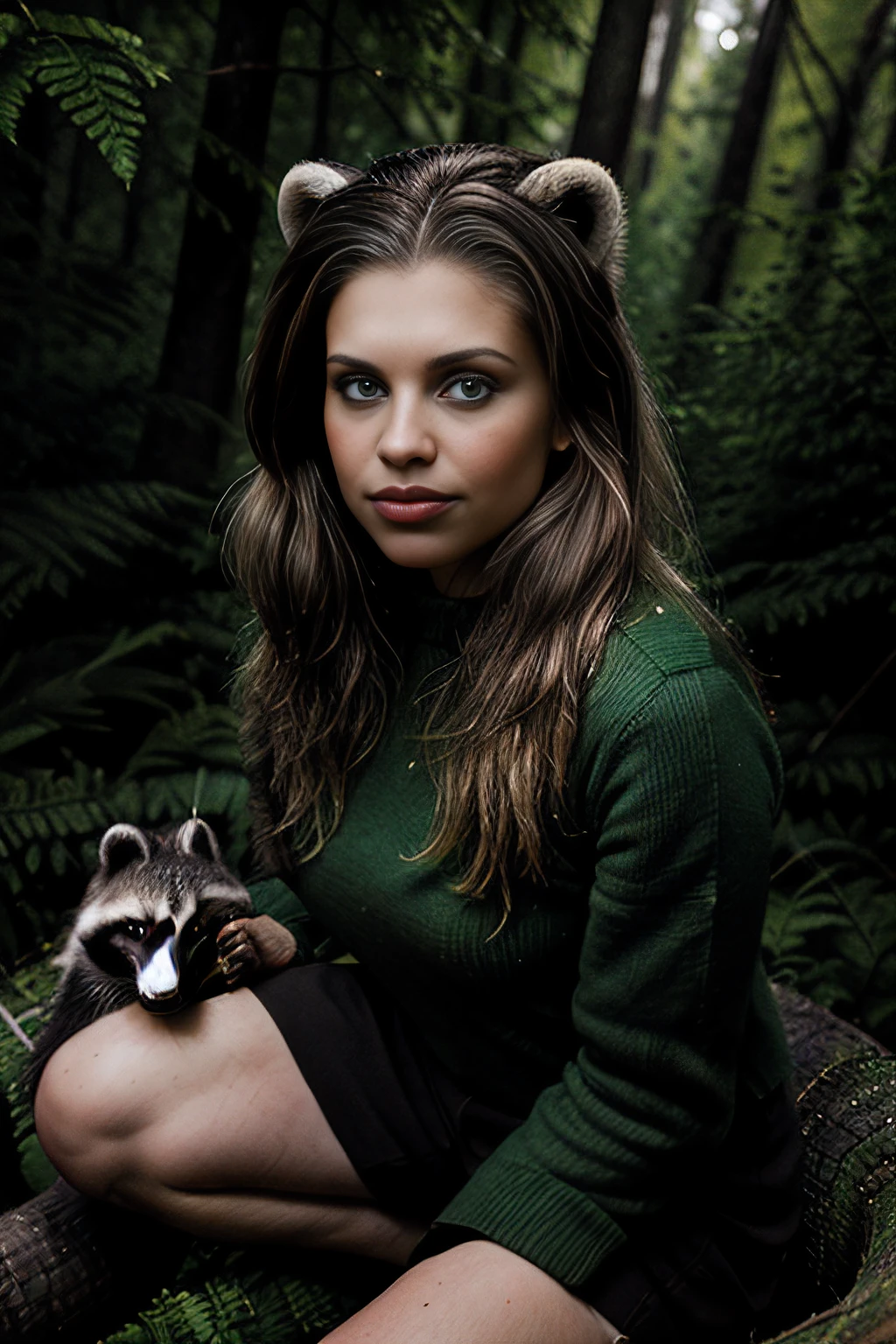 a professional photograph of beautiful (DF1sh31:1.1) woman,as a forest ranger,wearing a (fern green) ranger uniform,(holding a raccoon:1.3),(sitting on a fallen tree log:1.2),along a hiking trail,in a pine forest,(deer walking behind:1.1),(light streaking through the trees:1.2),babbling brook cascading by,long hair,nature magazine photoshoot,sharp focus,detailed eyes,(highly detailed),(HDR),(8k wallpaper),intricately detailed,high contrast,highres,absurdres,hyper realistic,8K UHD DSLR,Fujifilm XT3,taken with (Canon EOS 1Ds camera),extremely intricate,dramatic,(looking at viewer),4k textures,elegant,hyperdetailed,PA7_Portrait-MS,<lora:DF1sh31_05B-000003:0.9>,