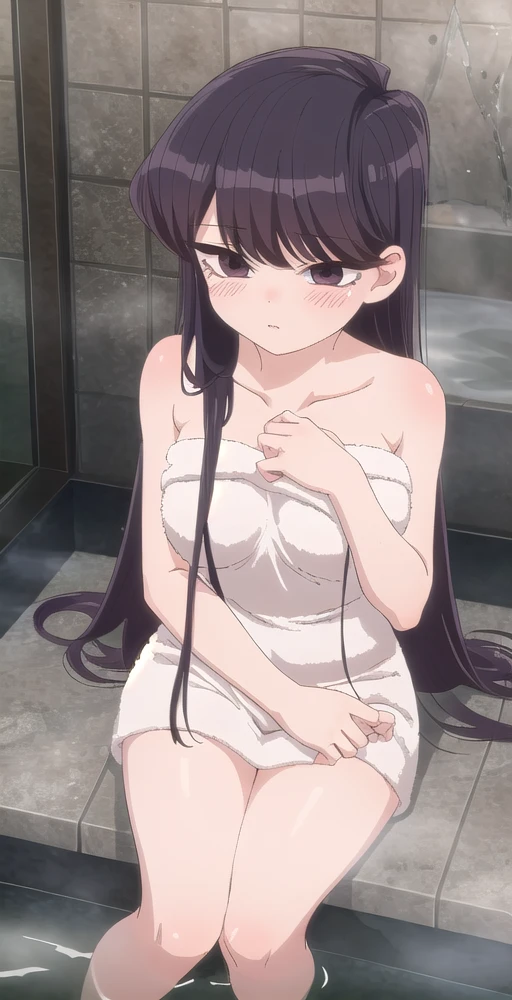 SK, 1girl, solo, portrait, blushing, towel wrapped, bare shoulders, bare legs, steam room, bath, perfect quality, good quality, masterpiece, HDR, UHD <lora:Shoko Komi:0.8>